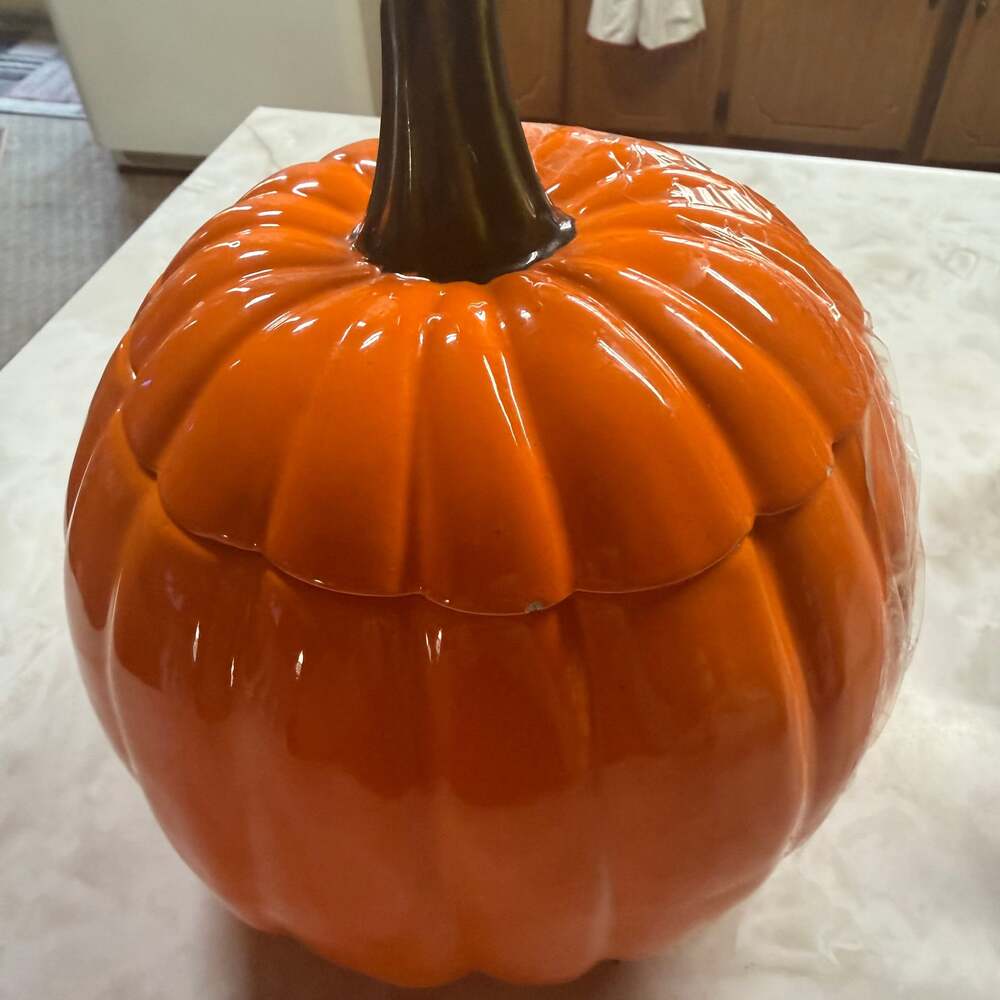 Vintage Pumpkin Cookie Jar or Large Lidded Bowl-Handmade Halloween Artist Signed